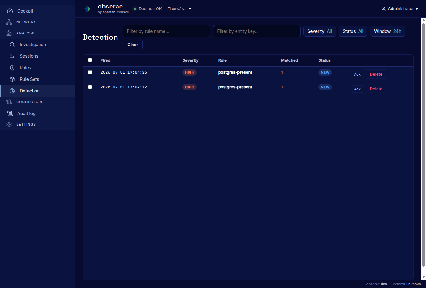 obserae Detection — an alerts table showing high-severity postgres-present alerts with fired time, matched count, status and triage actions.
